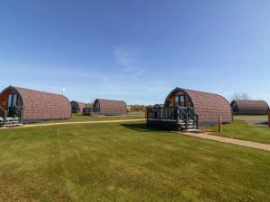 a group of three huts in a grass field at Starfish Rock in Bude