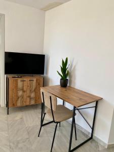 a wooden table with a potted plant and a television at Nearby Sea Studio in Rethymno