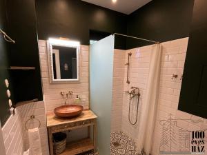 バラトンアカラッチャにある100 éves házの洗面台とシャワー付きのバスルーム