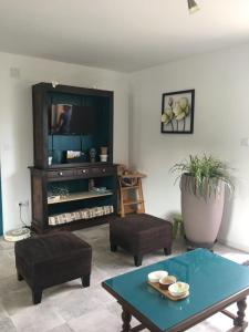 a living room with a coffee table and a tv at Émeraude baie Mont Saint Michel in Marcey-les-Grèves