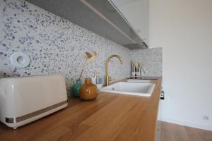 a kitchen with a sink and a laptop on a counter at Terrasse Matisse in Collioure