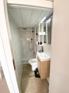 a small bathroom with a toilet and a sink at Studio front de mer Valras-Plage 2-4 personnes in Valras-Plage
