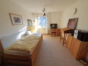 a bedroom with a bed and a desk with a television at Gemütliches, einfaches Gästezimmer in Oldenburg