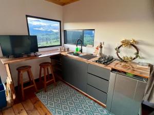 a kitchen with a counter with a sink and two windows at Cabañas Finca La Ponderosa in Zipaquirá