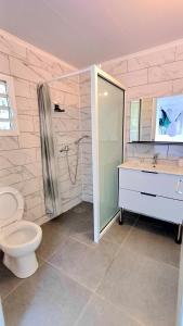 a bathroom with a toilet and a shower and a sink at Palm Activity in Saint-Pierre