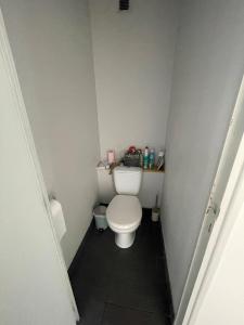 a small bathroom with a white toilet in a hallway at Appartement à 2 pas du centre, 2 chambres, parking in Aurillac +12 photos