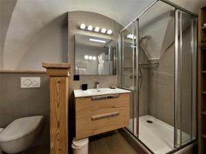 a bathroom with a shower and a toilet and a sink at Charmante maison de village rénovée 4 pièces, 3 niveaux, 80m², 6 pers, à St Marcel, proche pistes ski. - FR-1-452-381 in Saint-Marcel +6 photos