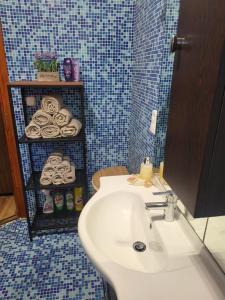 a bathroom with a sink and a shelf with towels at G&G Apartman in Balatonszepezd +10 photos