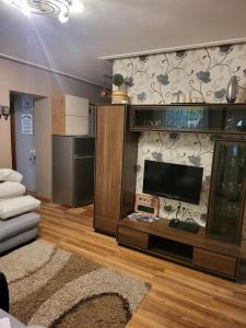 a living room with a large entertainment center with a television at G&G Apartman in Balatonszepezd