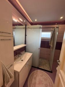 Un baño con lavabo y ducha con espejo. en Garden Villa in Peja, en Peje