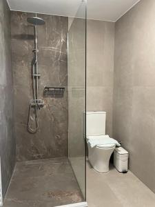 une salle de bain avec toilettes et douche en verre dans l'établissement Pelion Bloom, à Zagora