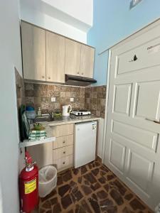 a kitchen with a white door and a fire hydrant at Rena's Garden Rooms in Lipsoi +14 photos