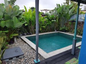 a swimming pool in a garden with plants at HI Lonny Villa Seminyak in Seminyak