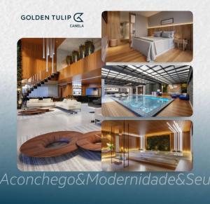 un collage di foto di un soggiorno e di una piscina di Golden Tulip Canela a Canela