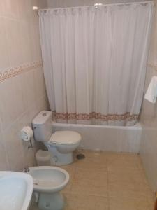 y baño con aseo y cortina de ducha. en Hostal Jose Luis, en Brunete