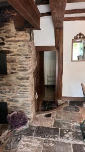 a room with a stone wall and a mirror at Urgemütlicher Winkelhof "La ferme von 1634" mit Terrasse in Simmerath