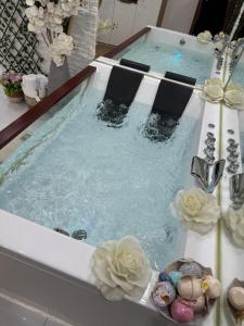 a tub filled with water with flowers and rocks at SpaNish apartman 5 in Niš