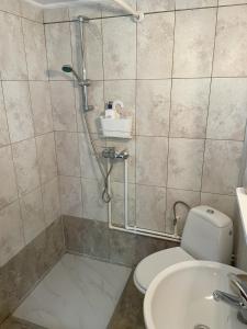 a bathroom with a shower and a toilet and a sink at La Casuța - 500sqm garden theseaside in Mamaia Nord +15 photos