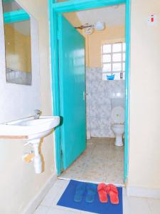 a bathroom with a sink and a toilet with a blue door at Stivo apartment in Nakuru
