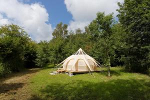a tent in the middle of a field with trees at Les Hulottes in Le Vrétot
