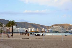a beach with buildings and palm trees and the ocean at Cozy Seaside Apartment in Cullera in Cullera +15 photos