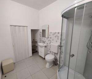a white bathroom with a toilet and a shower at Take a Break in Braşov
