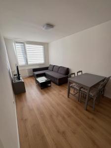 uma sala de estar com um sofá e uma mesa em Čenětická Apartment em Praga