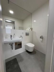 um banheiro com um vaso sanitário, uma pia e um espelho em Čenětická Apartment em Praga