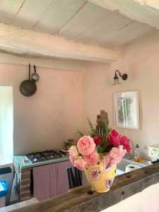 a vase of flowers on a counter in a kitchen at Country House Ca di siro in Gazola +36 photos