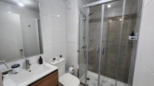 een badkamer met een douche, een toilet en een wastafel bij Inmejorable ubicación 2D2B, con estacionamiento in Los Ángeles