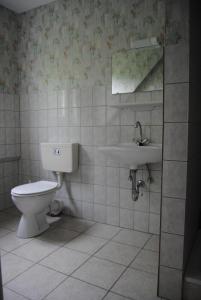 a bathroom with a toilet and a sink at Schule 6 in Windeby +4 photos