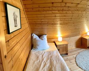 a room with a bed in a wooden room at Ferienhaus Blauvogel 4 in Hasselfelde