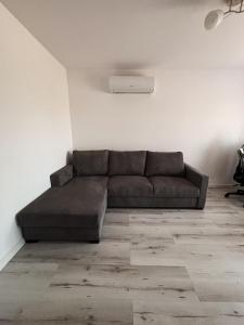 a living room with a brown couch in a white room at Casa Stefan in Sînmartin