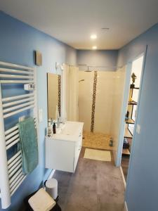 a bathroom with a white sink and a shower at Omnia in Saint-Maixent-lʼÉcole