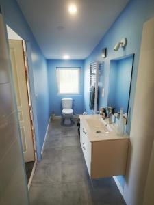 a blue bathroom with a toilet and a sink at Omnia in Saint-Maixent-lʼÉcole