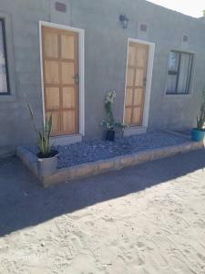 een huis met twee deuren en twee potplanten bij Thukhana House in Maun +10 foto's