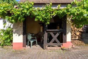 an open door of a building with a chair and a gate at Chalet du Rhin, le coin de Mut en Alsace proche Europa Park in Muttersholtz