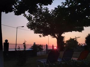 a group of chairs sitting under a tree at sunset at Sun N Sand in Ligia
