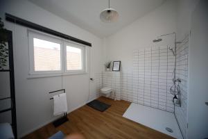 a bathroom with a shower and a toilet and a window at P-Hosting Kitten Manor im Kurort Bad Waldsee in Bad Waldsee +28 photos