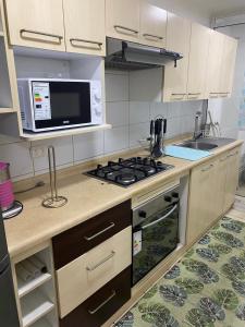 a kitchen with a stove and a microwave at Alojamiento Parque Libertad in La Serena