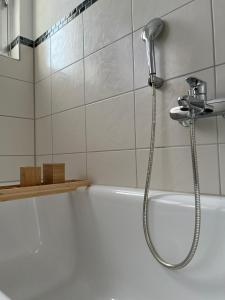 a shower in a bathroom with a white tub at ZwoLu Apartments in Bornheim