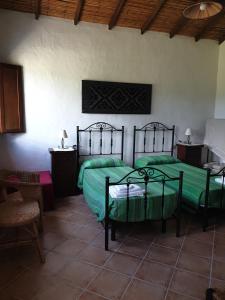Un dormitorio con dos camas con sábanas verdes. en Agriturismo Villino Elena, en Piscinas 22 fotos más