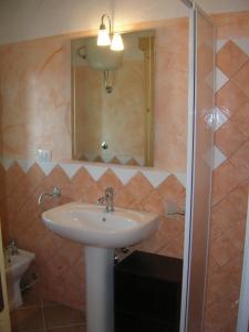 Un baño con lavabo y ducha con espejo. en Agriturismo Villino Elena, en Piscinas