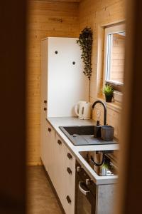 a kitchen with a white refrigerator and a sink at Rafa Międzywodzie in Międzywodzie +34 photos