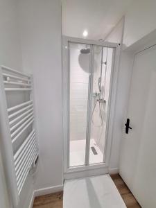 Una ducha a ras de suelo en un baño blanco con puerta de cristal. en Grand T2 lumineux 2 pers Olivet Avenue Loiret, en Olivet
