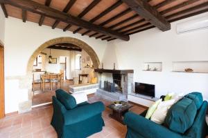 a living room with two blue chairs and a fireplace at Il Paglieto - Natura, Stelle, Relax e Piscina in Manciano