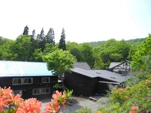 una vista aérea de una casa con techo verde en Yachi Onsen, en Towada