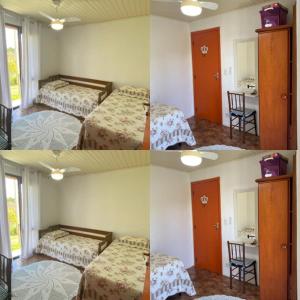 quatre photos d'une chambre avec deux lits et une porte dans l'établissement Casa Bela Vista São Bento do Sapucaí - Pedra do Baú, à São Bento do Sapucaí