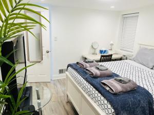 ワシントンにあるComfiNook Stay in Capitol HillWalk to DC Sitesのベッドとタオル2枚のある寝室