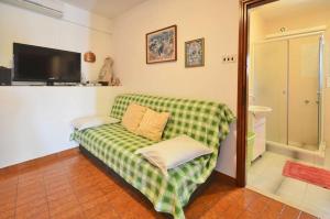 un salon avec un canapé vert et une télévision dans l'établissement Seaside holiday house Prizba, Korcula - 24637, à Blato